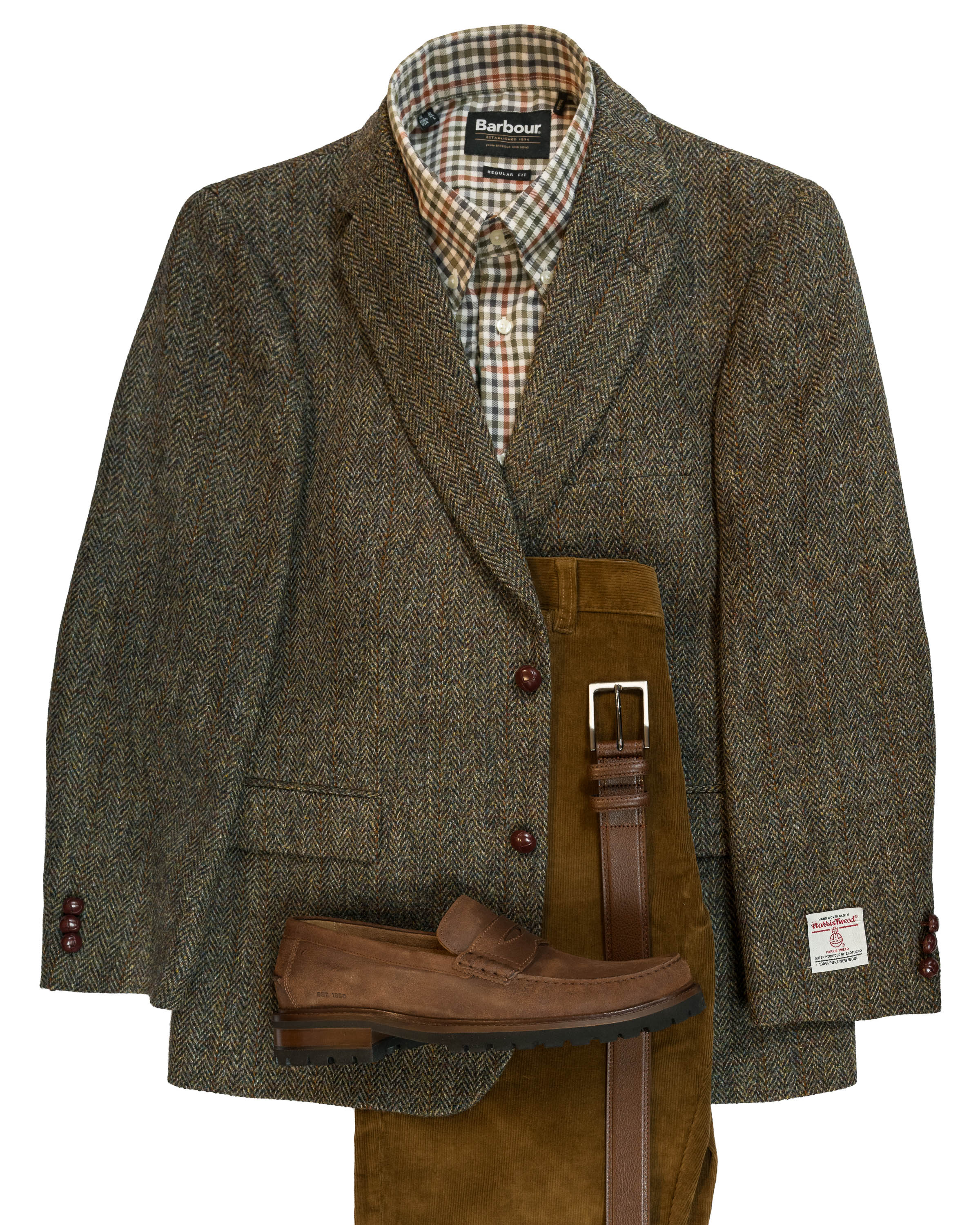 Olive Herringbone With Window Pane Harris Tweed All Wool Sport Coat - Woven In Scotland