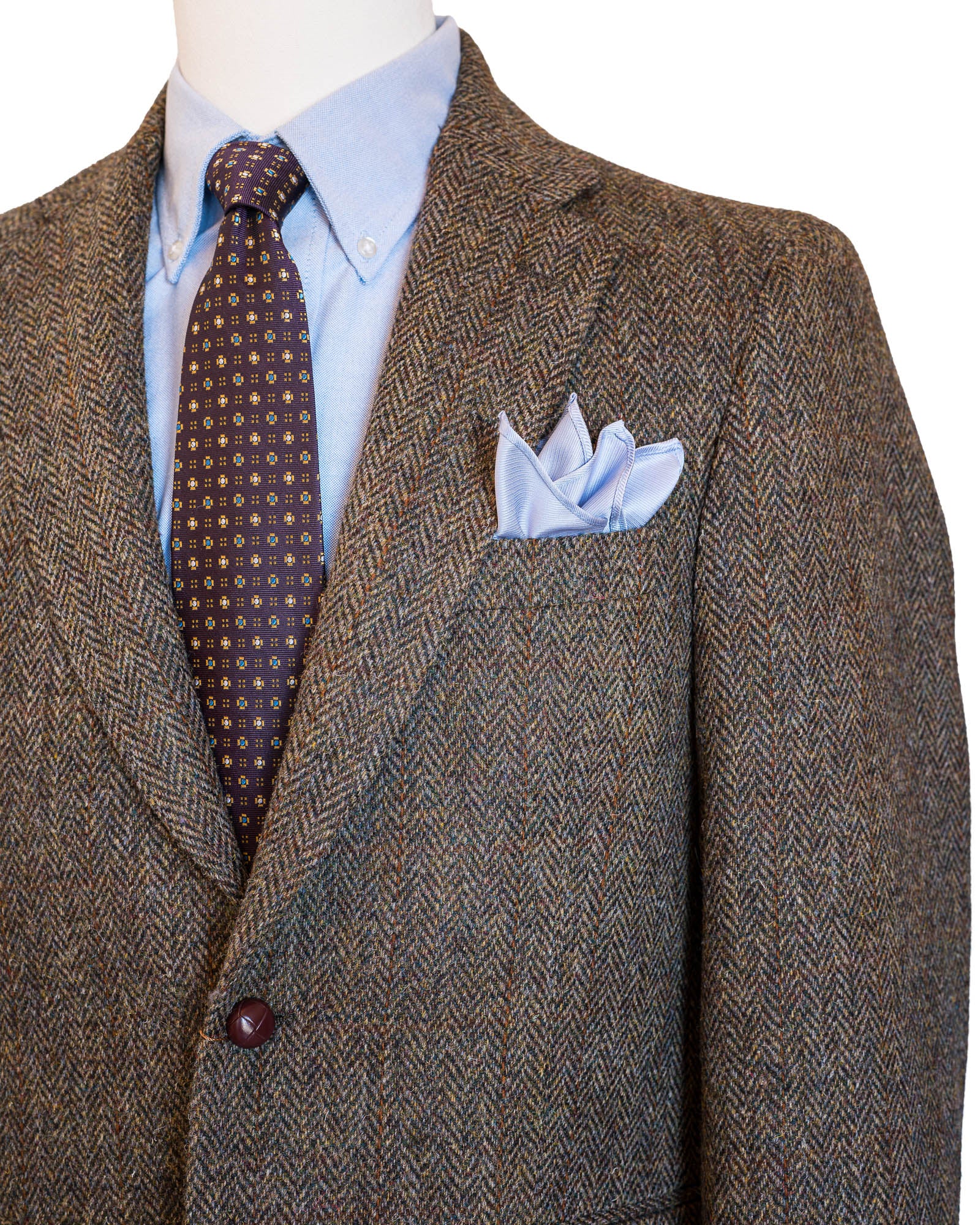Olive Herringbone With Window Pane Harris Tweed All Wool Sport Coat - Woven In Scotland