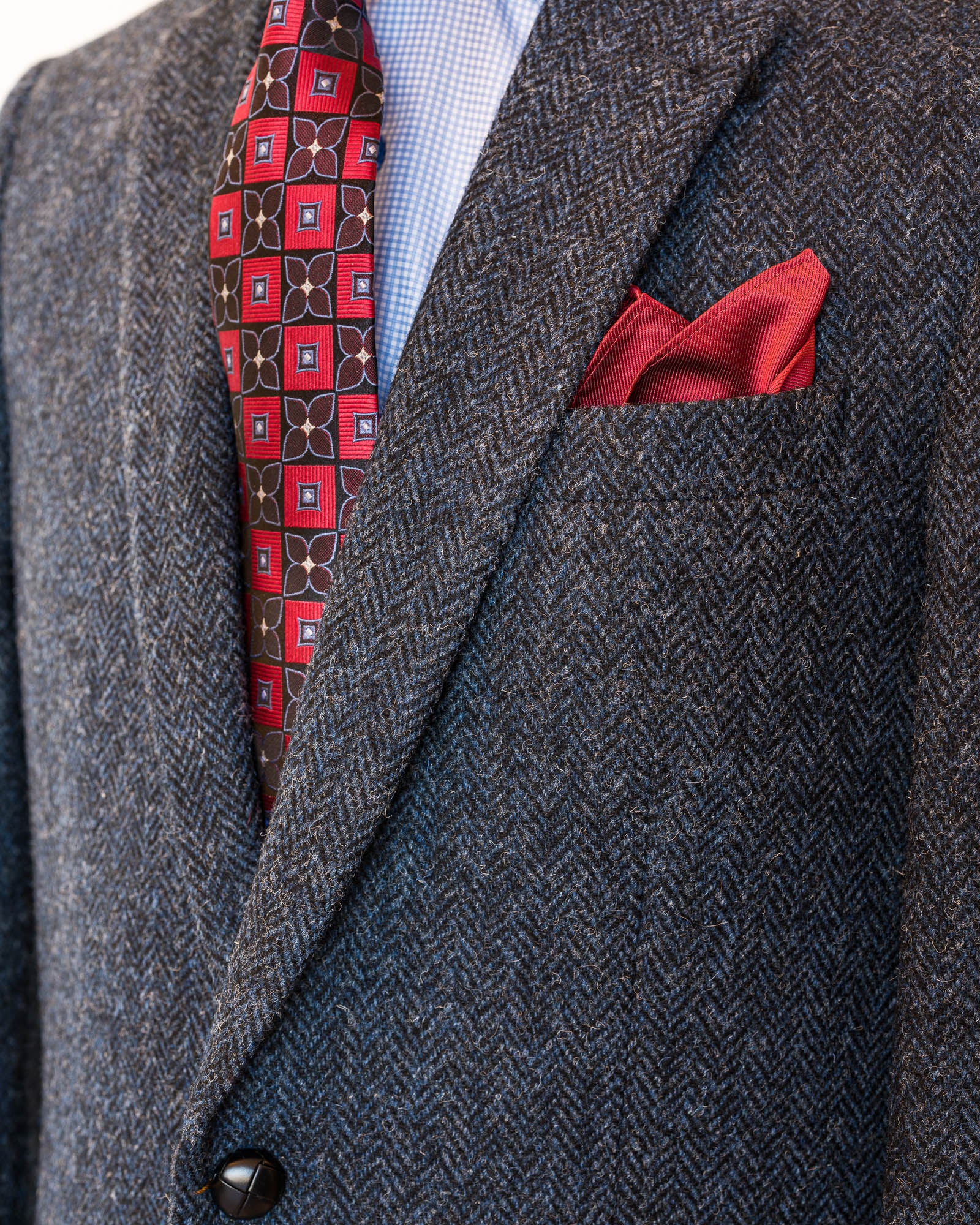 Blue and Grey Herringbone Harris Tweed All Wool Sport Coat -Woven In Scotland - In 38 Regular