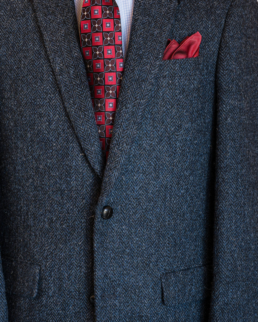 Blue and Grey Herringbone Harris Tweed All Wool Sport Coat -Woven In Scotland - In 38 Regular