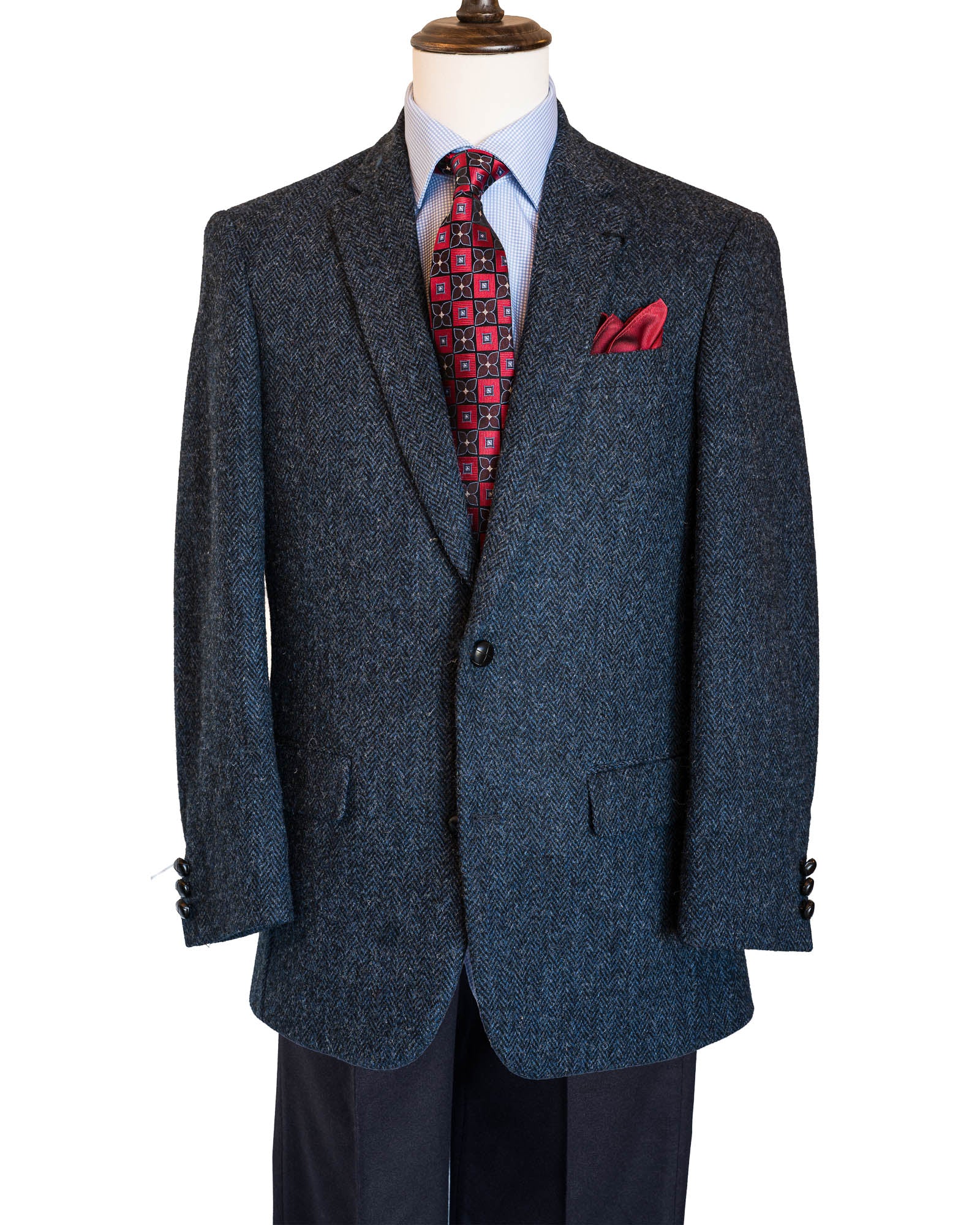 Blue and Grey Herringbone Harris Tweed All Wool Sport Coat -Woven In Scotland - In 38 Regular