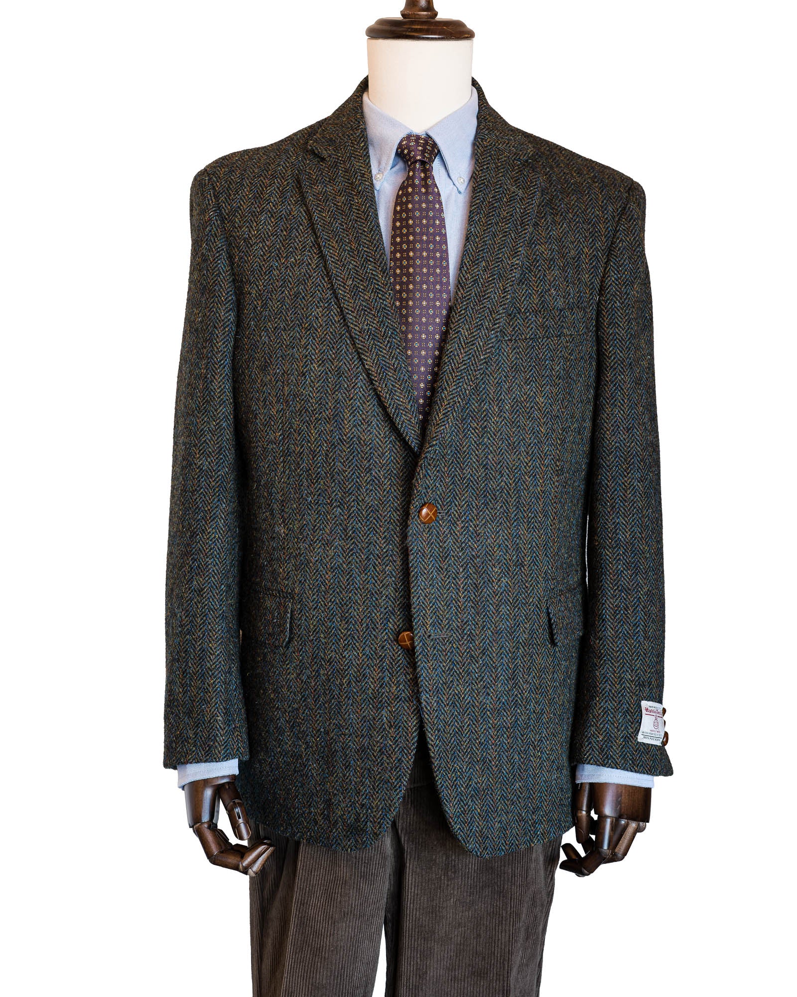 Green Multi-Colored Herringbone Harris Tweed All Wool Sport Coat-Woven In Scotland