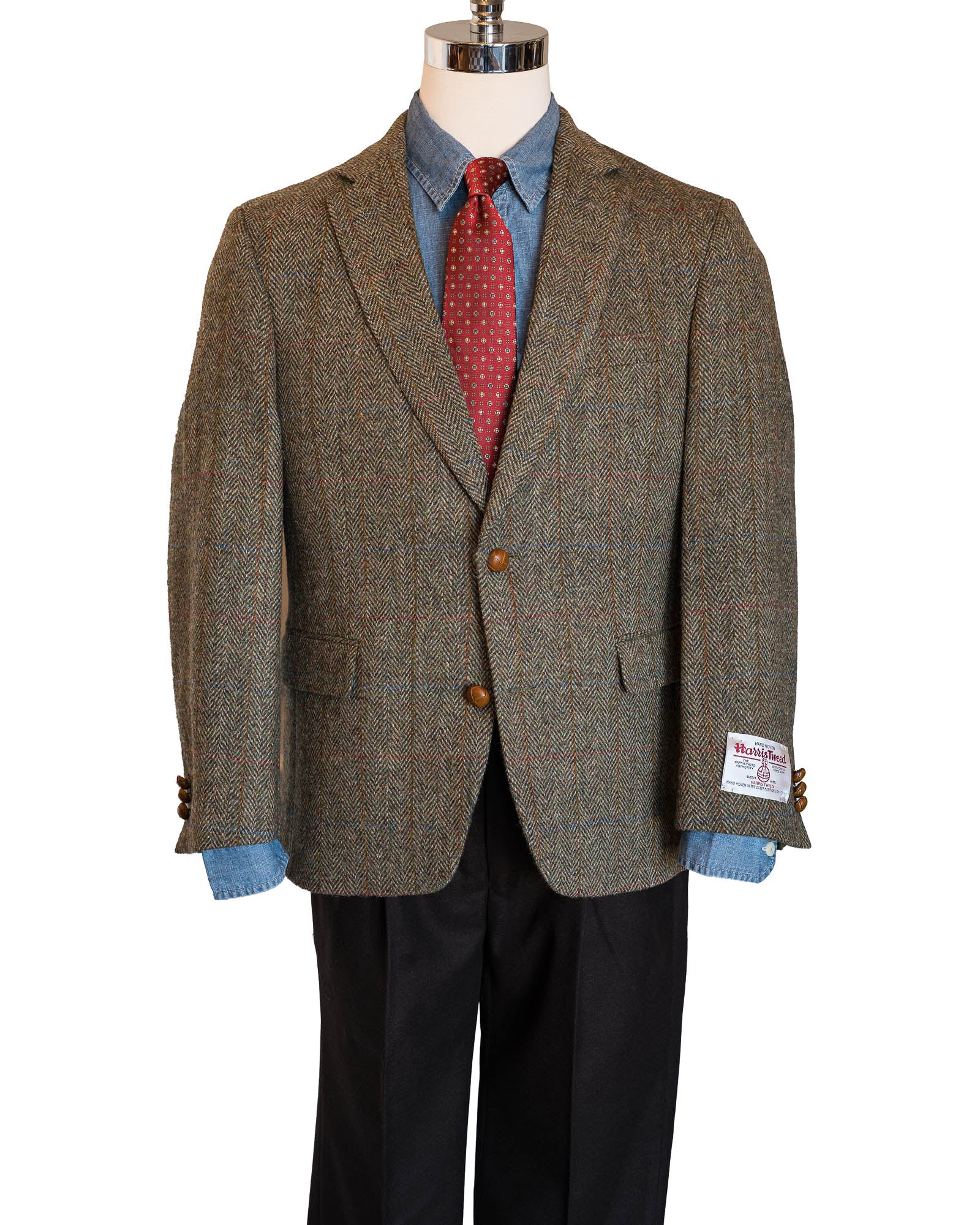 Olive Window Pane Over Herringbone Harris Tweed All Wool Sport Coat - Woven In Scotland