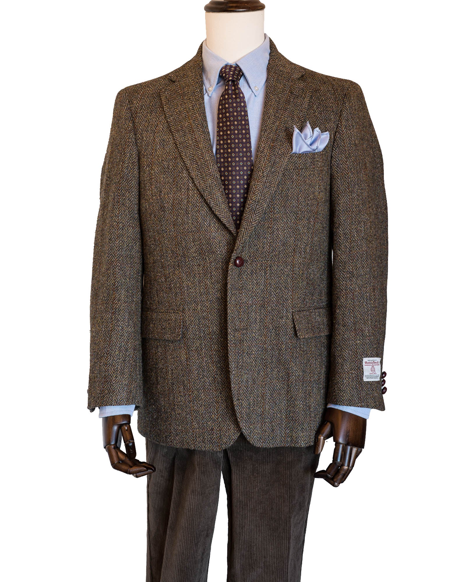 Olive Herringbone With Window Pane Harris Tweed All Wool Sport Coat - Woven In Scotland