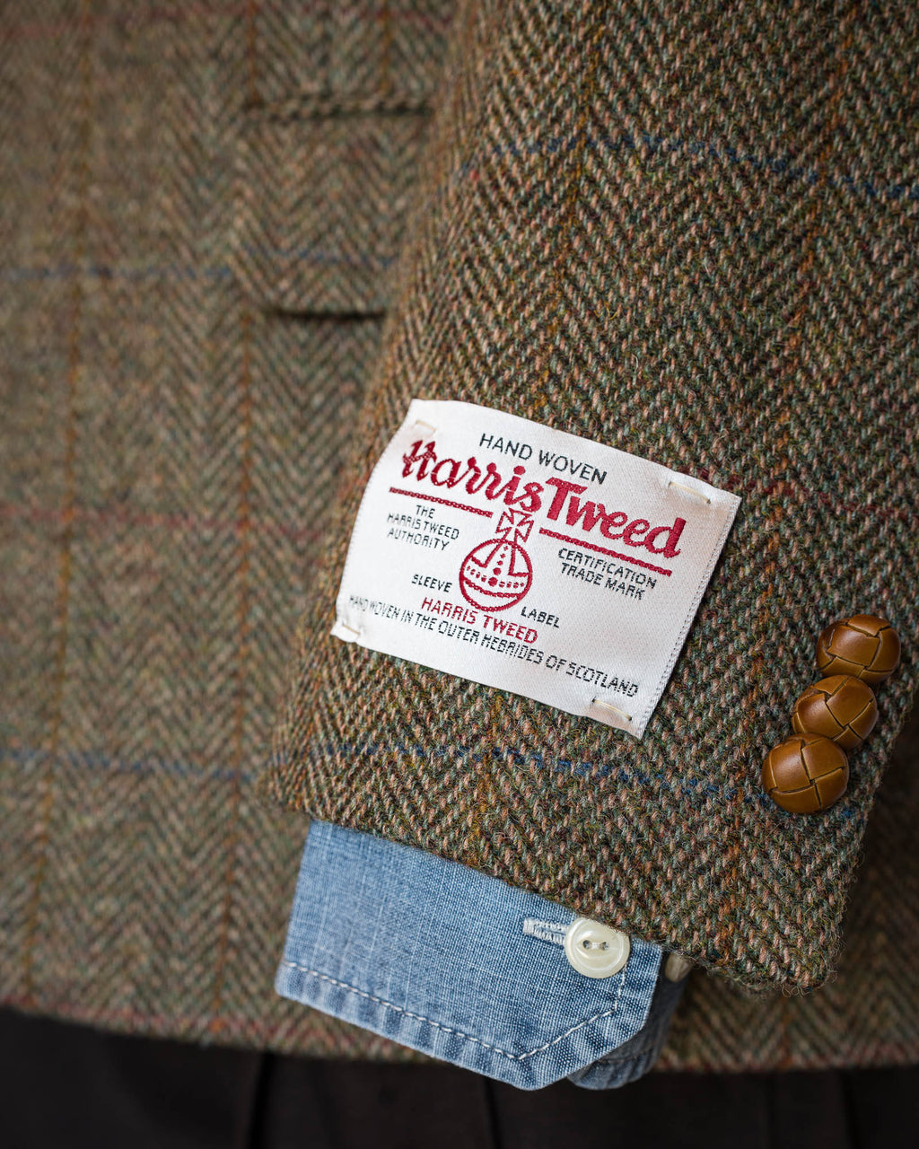 Olive Window Pane Over Herringbone Harris Tweed All Wool Sport Coat - Woven In Scotland