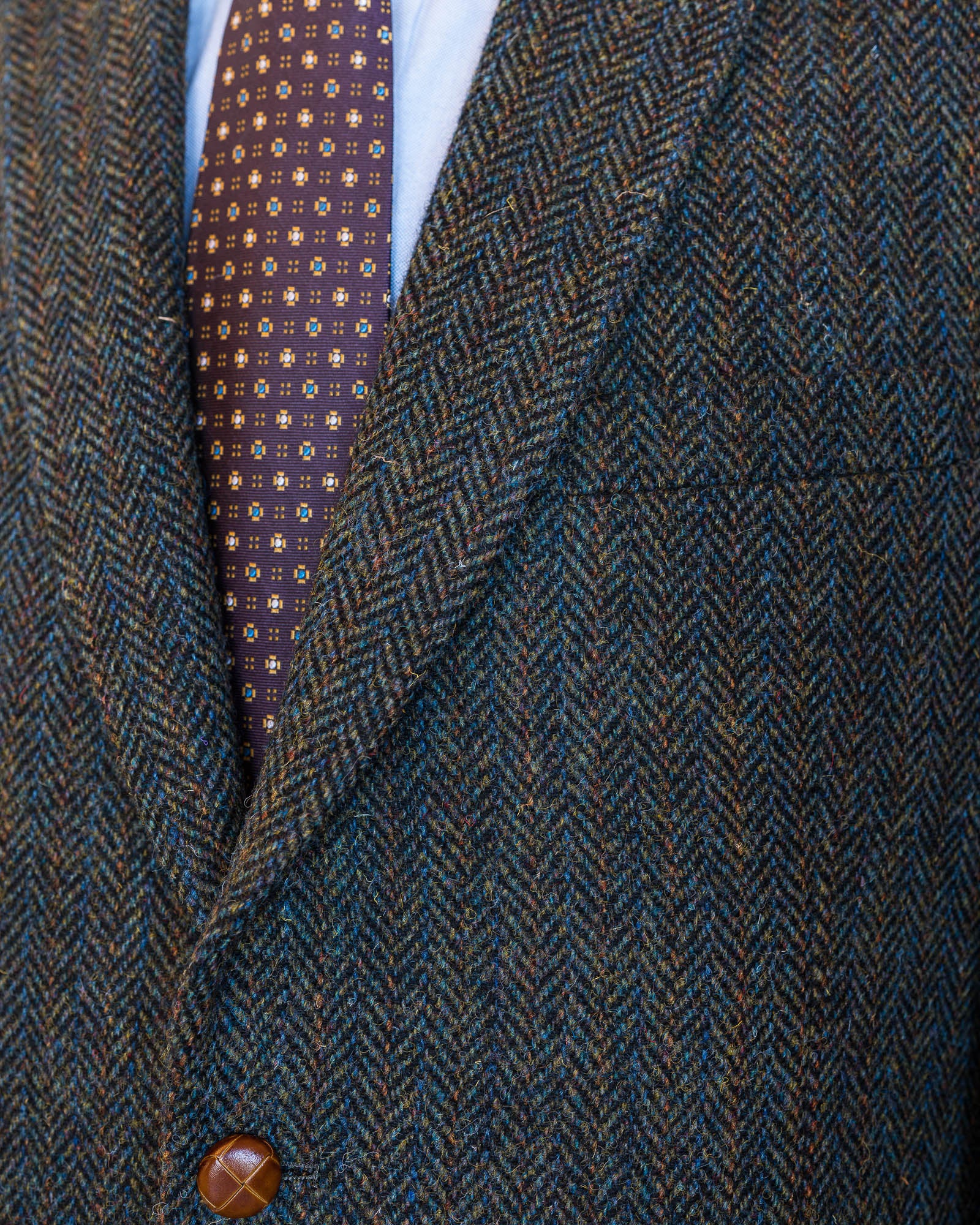 Green Multi-Colored Herringbone Harris Tweed All Wool Sport Coat-Woven In Scotland