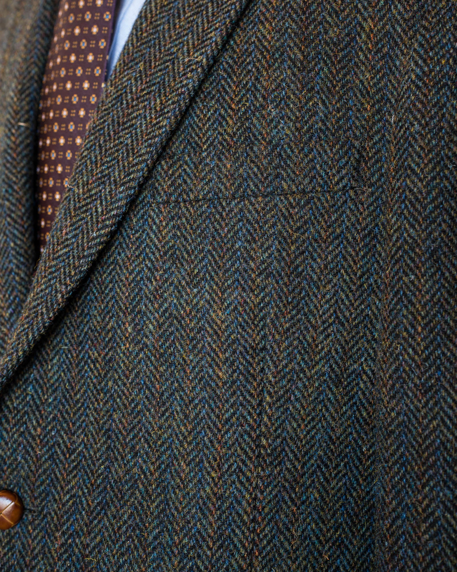 Green Multi-Colored Herringbone Harris Tweed All Wool Sport Coat-Woven In Scotland